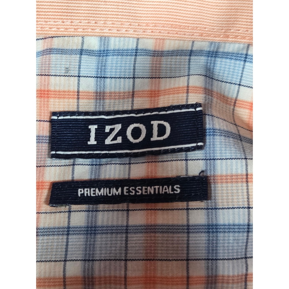 IZOD Button Down Shirt L Blue Peach Mens Plaid Premium Essentials Long Sleeve - Picture 6 of 10